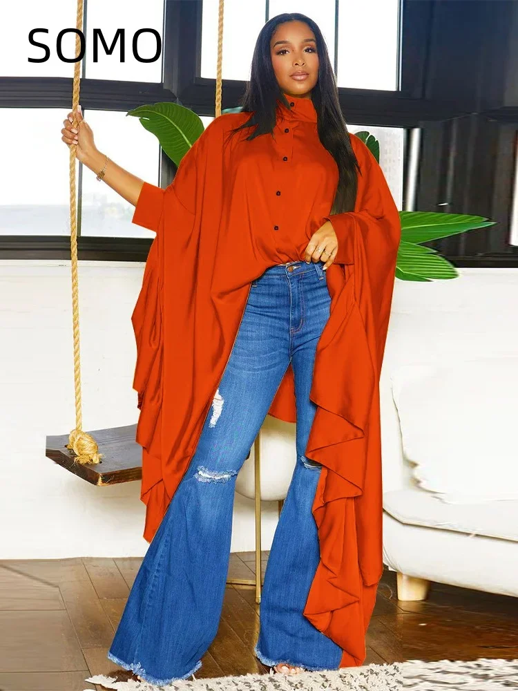 SOMO Plus Size Women Clothes Pleated Long Cape Shirt Bat Full Sleeve Irregularity Blouse Top One Size Loose Dropshipping 2023