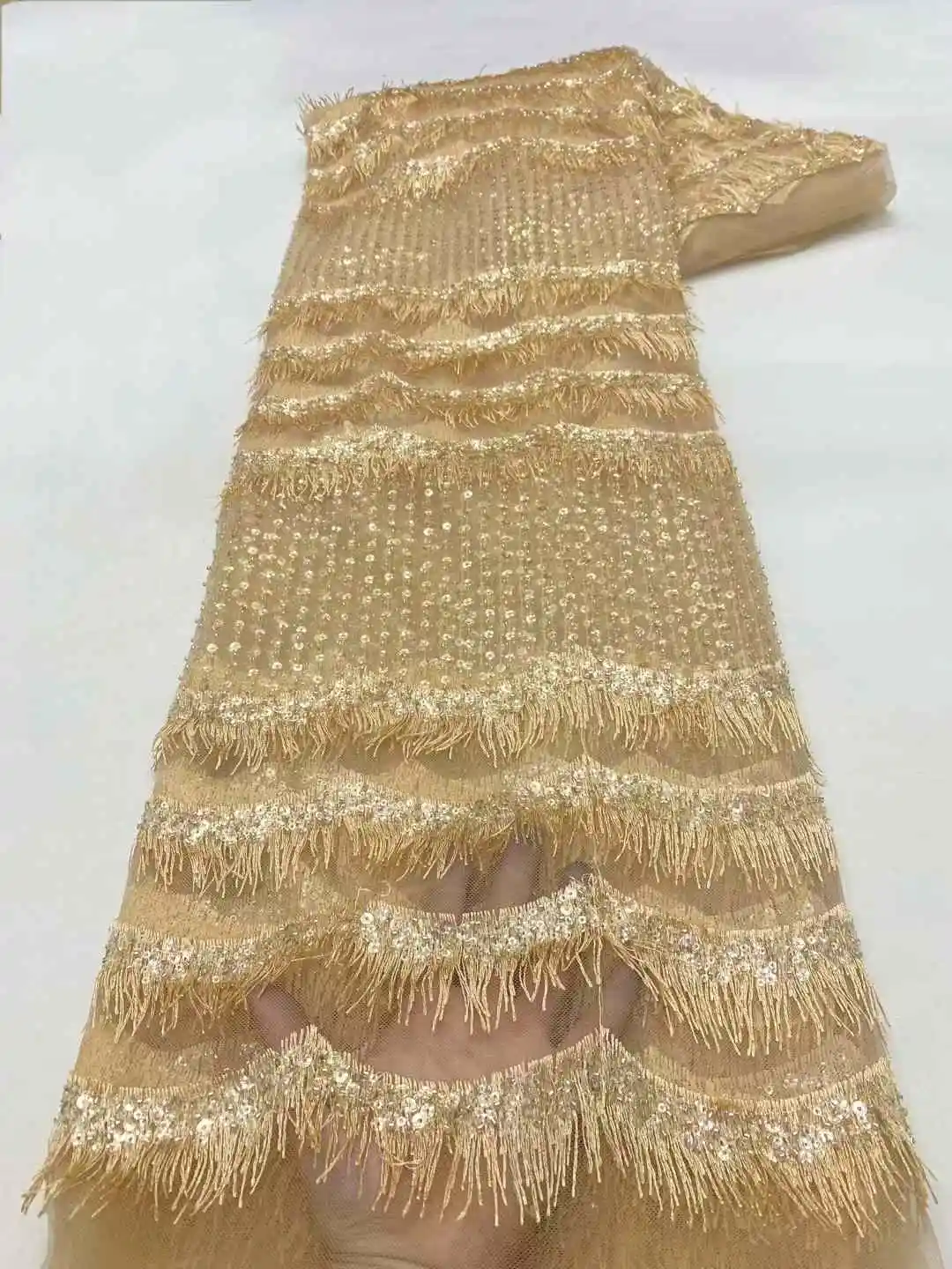 Robes de soirée brodées en dentelle africaine pour femmes, maille perlée, paillettes, tissu doré de luxe, tulle icating, couture, 5 mètres, XZ