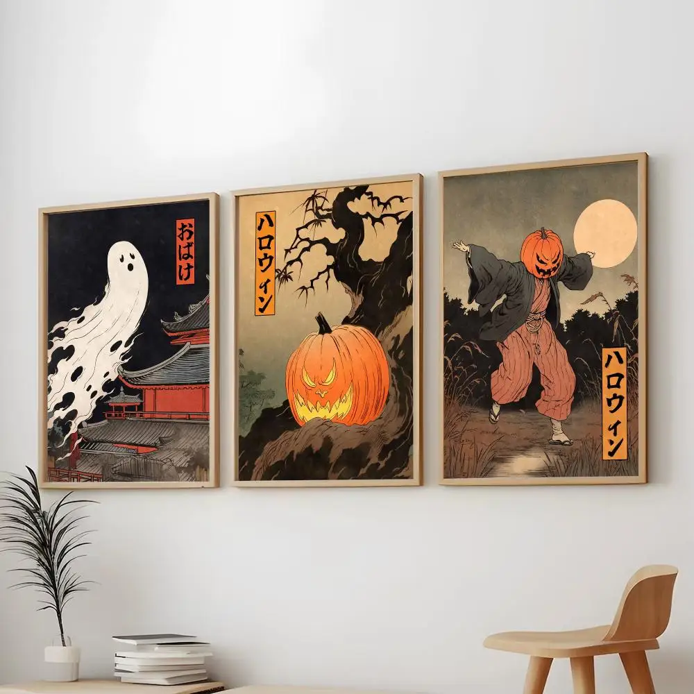 Japanese Rising Skeletons halloween Painting Calligraphy Modern Aesthetic Wall Art Print Trendy Bedroom Home Decor Gift