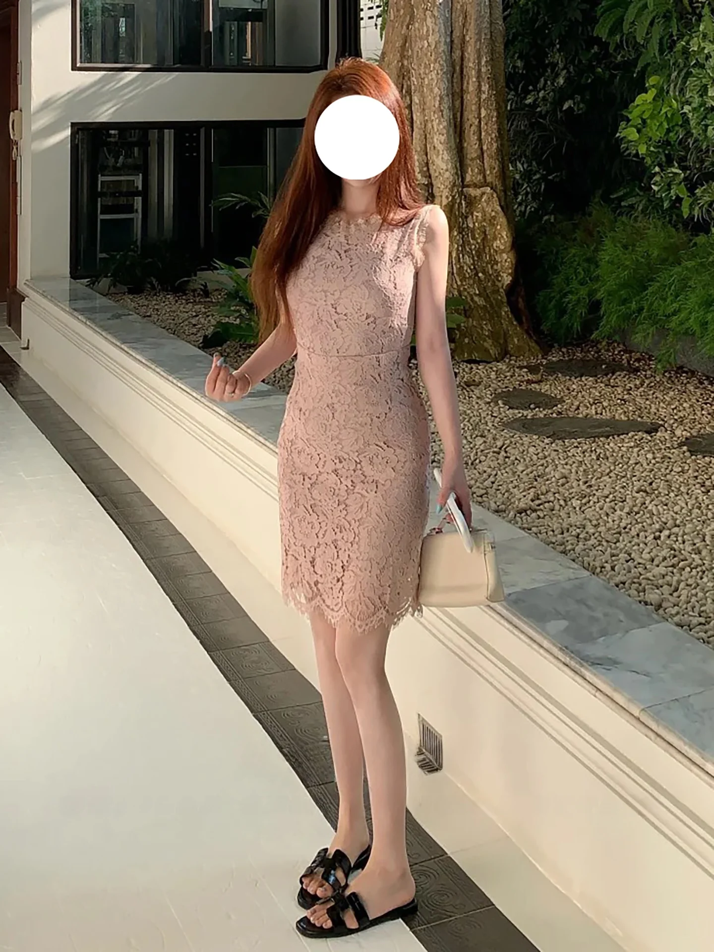 

Elegant Lace Hollow out Sleeveless Women's Dress Slimming Short Skirt French Style Fashion Casual Daily round Neck Dress