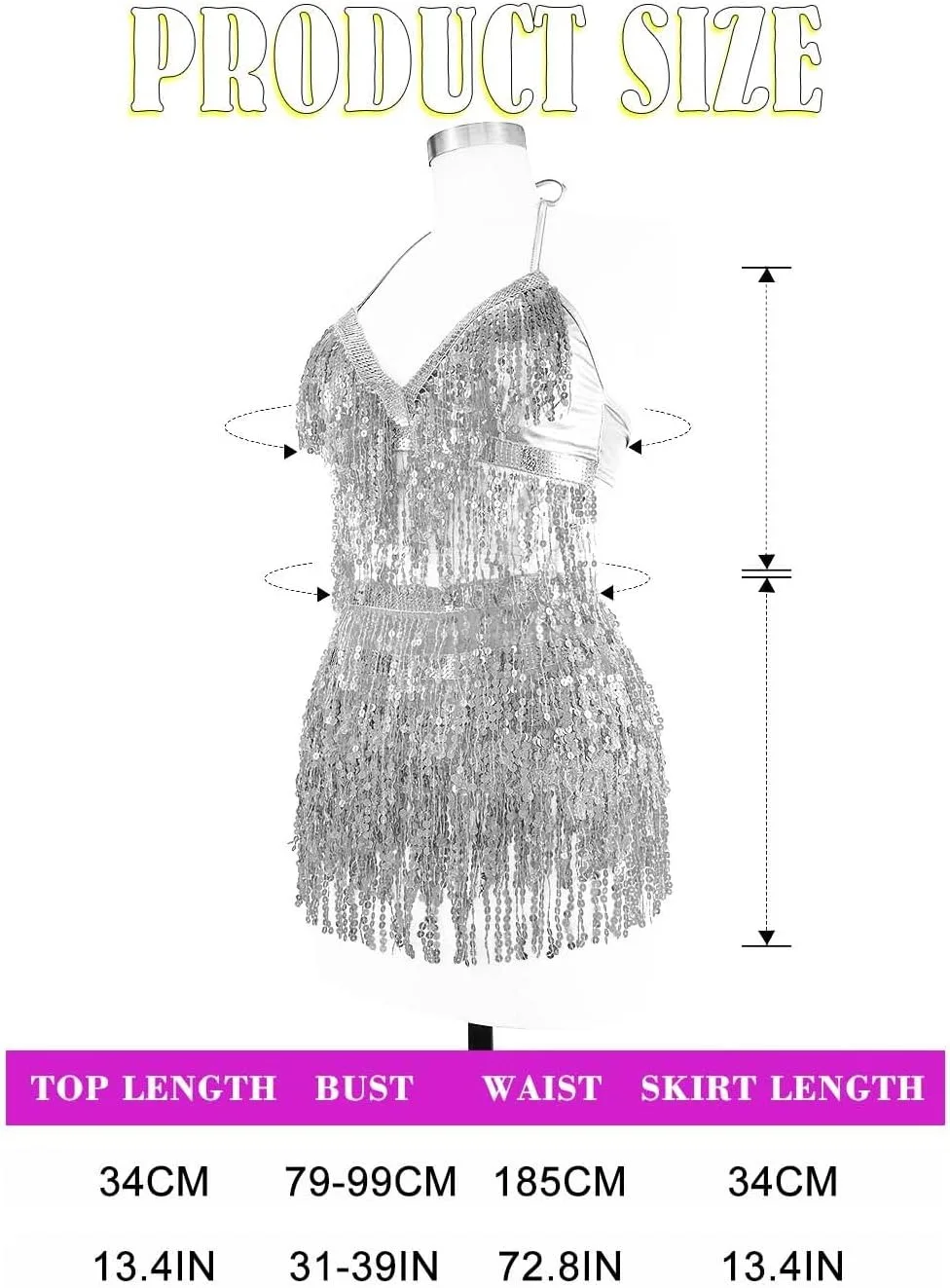 A set of glittering frill dance costumes: sequined belly dance outfit, suitable for Halloween music festivals, graduation dances