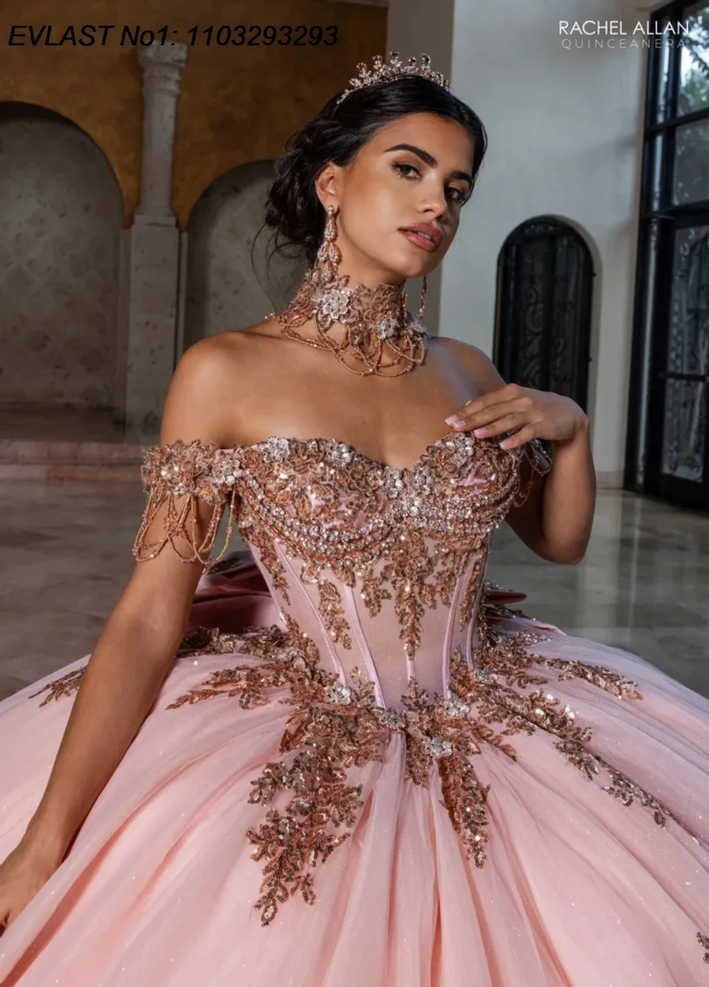 فستان Quinceanera وردي لامع مخصص من EVLAST فستان حفلة مزين بالدانتيل الذهبي مطرز بفيونكة حلوة 16 فيستدوس دي 15 أنوس E1QN766 #4