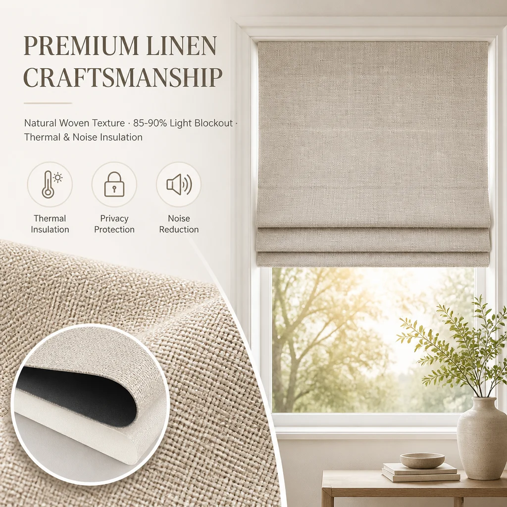 2026 Upgraded Model Features Manual Cordless And No Drilling Control System Full Blackout Linen Fabric Roman Blinds For Bedroom