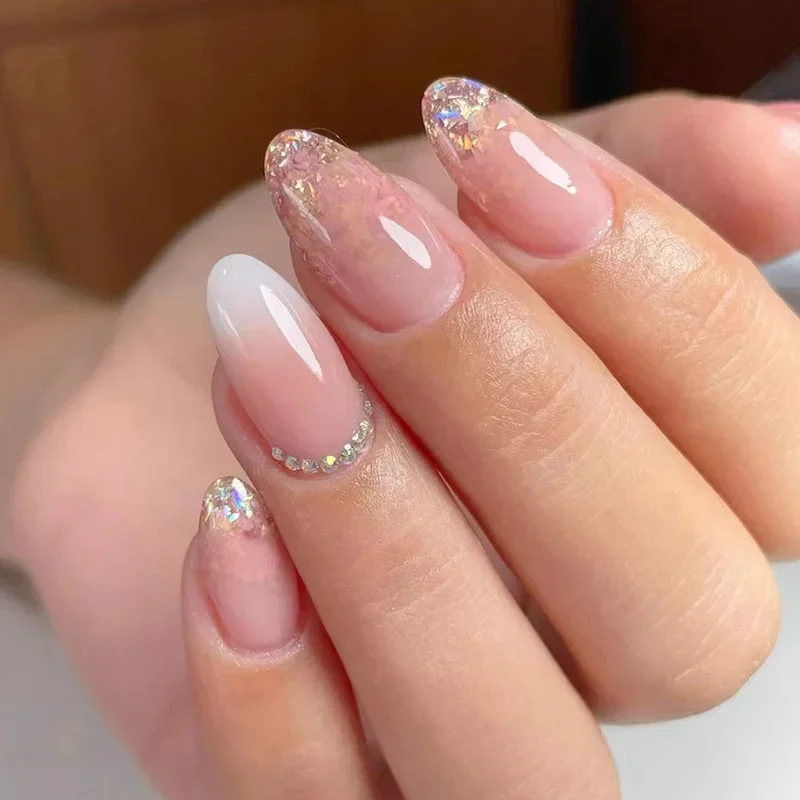 24 pçs bonito oval unhas falsas reutilizáveis e adesivos estéticos unhas falsas de amêndoa kit completo de unhas acrílico imprensa em conjunto para gel