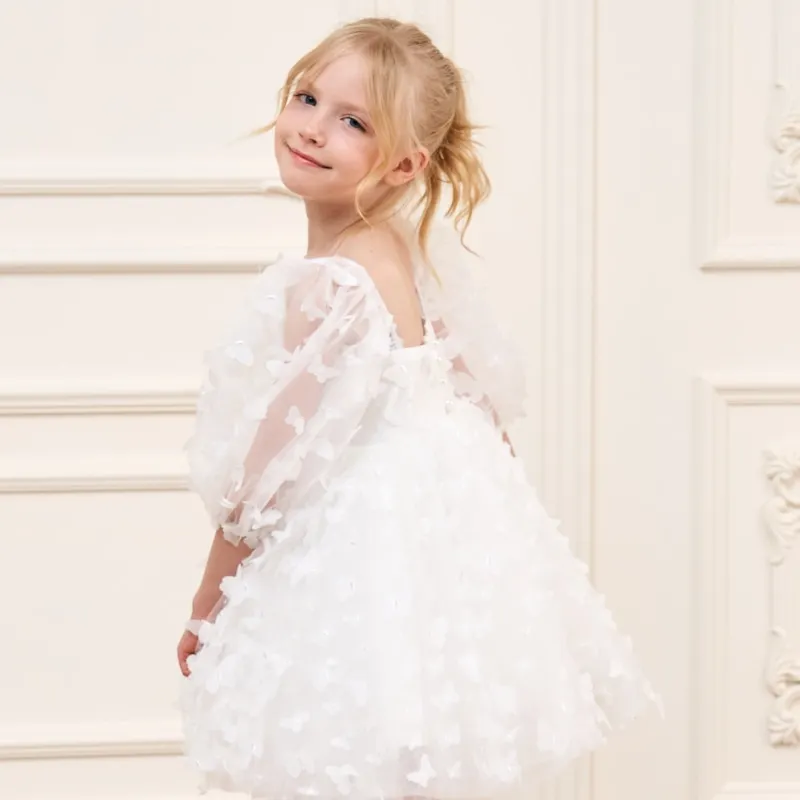 Fashion Baby Girl Princess Butterfly Tulle Dress Puff Sleeve Child Tutu Vestido Pageant Party Birthday Baby Clothes 1-12Y