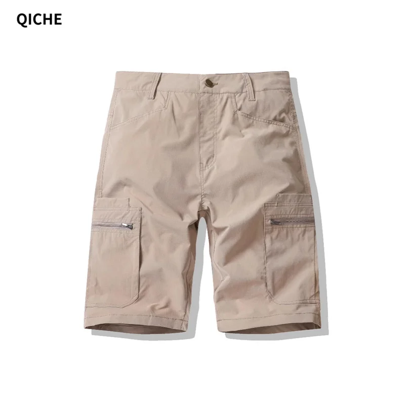 QICHE Men Zipper Cargo Shorts Loose Straight Breathable Casual Sports Outdoor Wear Short Trousers