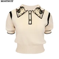 2024 Summer Stylish Sweater Women Knit T-shirt Pullovers Cat Embroidery Short Sleeve Tees Tops Fashion Chic Ladies Knitwear