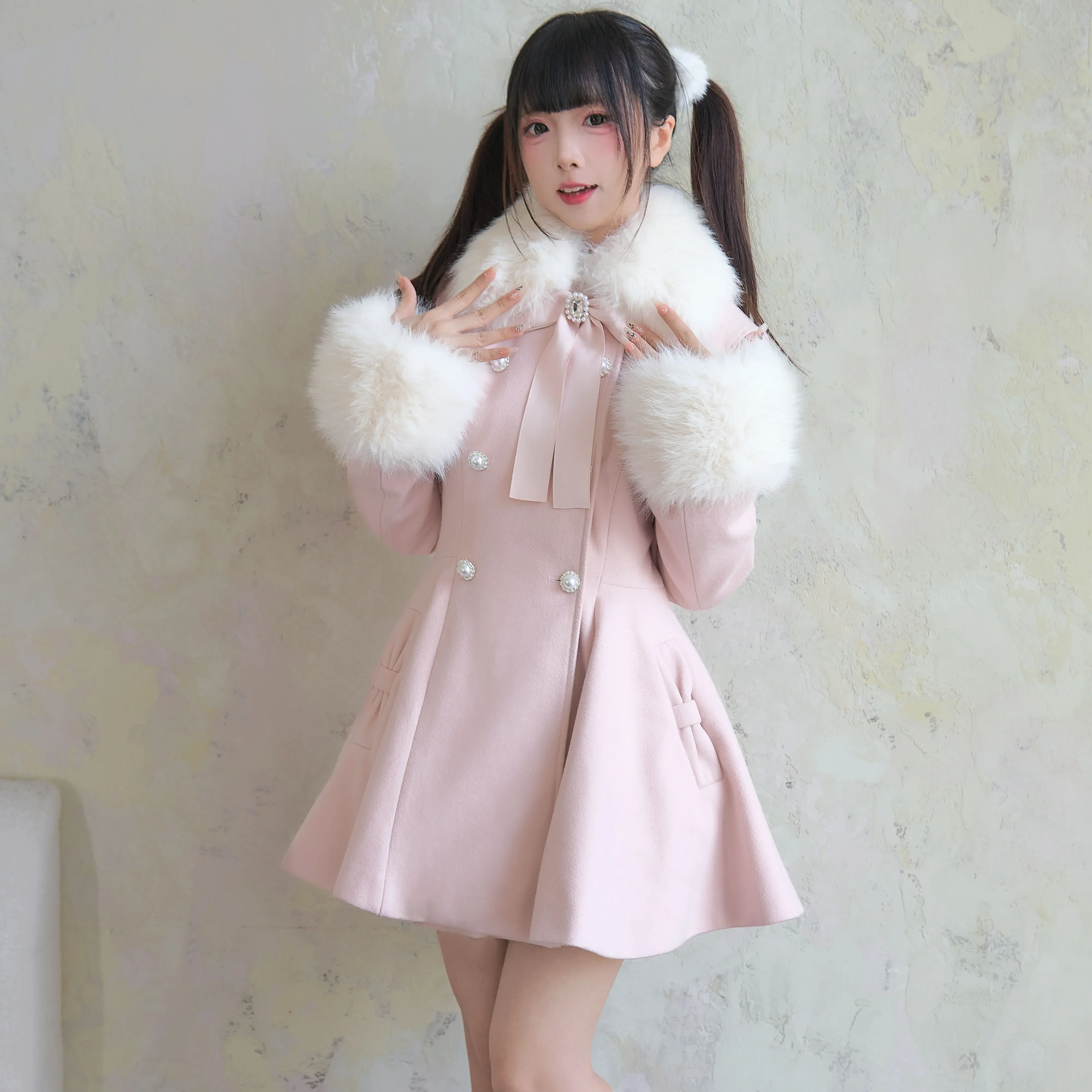 Black Lolita Woolen Coat Women's Mine Series Mass-produced Bow Slim Fit Thickened Fur Collar Double-breasted Jackets Winter New