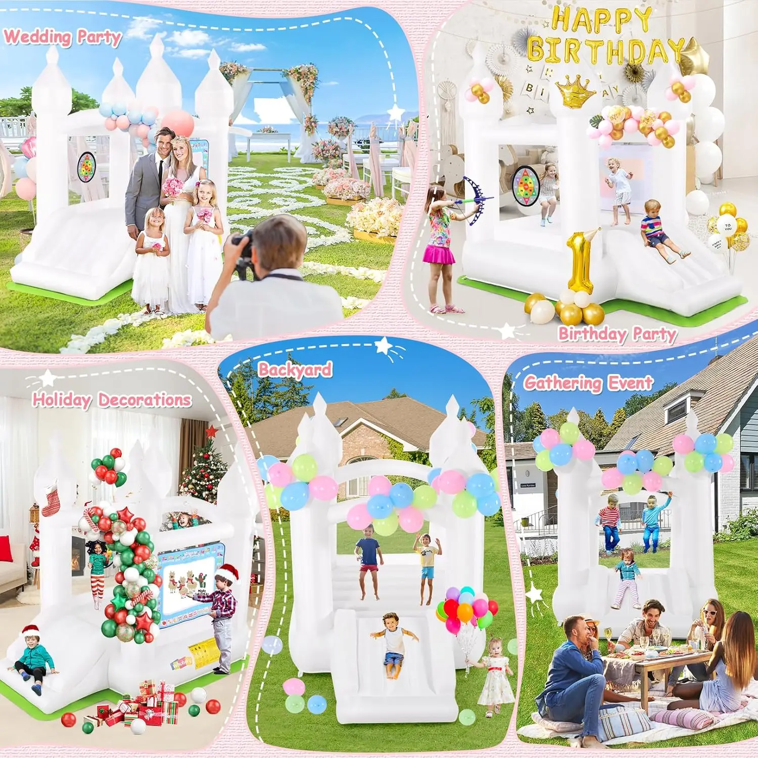 Maison de rebond gonflable pour enfants de 3 à 6 ans, maison de saut blanche pour avec toboggan, 108 ballons, arc et flèche, intérieur B