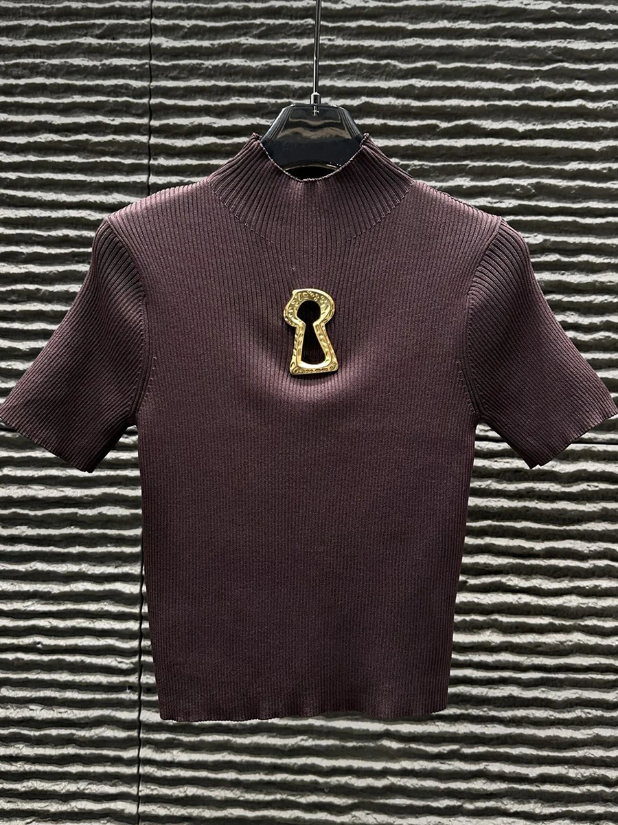 TWOTWINSTYLE Hollow Out Spliced Metal Buckle T Shirts For Women Turtleneck Short Sleeve Minimalist Slimming T Shirt Female 2025