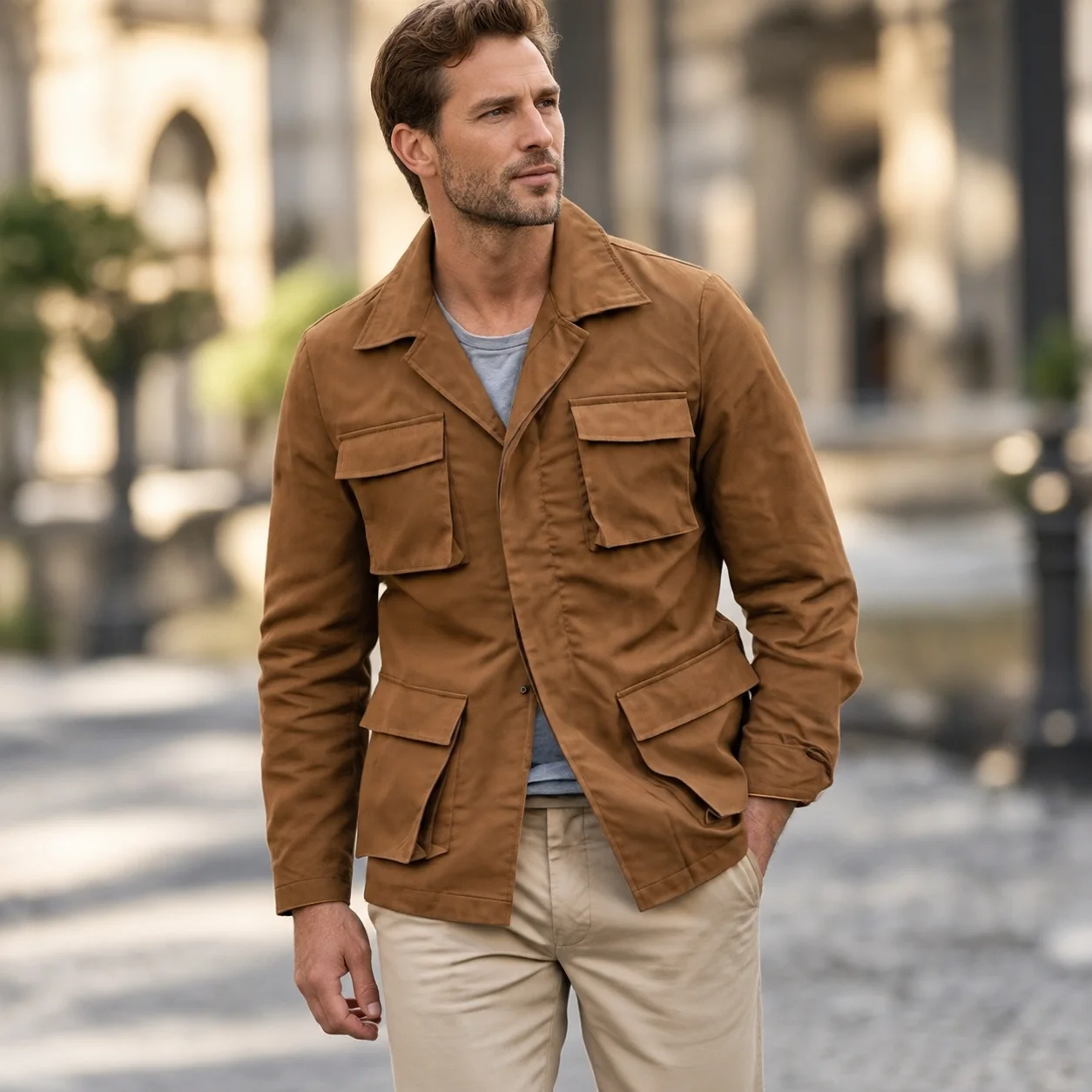 Patchwork Belt Pocket Mid Length Office Style with 24 35 Autumn Turn Down Collar Coat Daily Cardigan Men Jacket