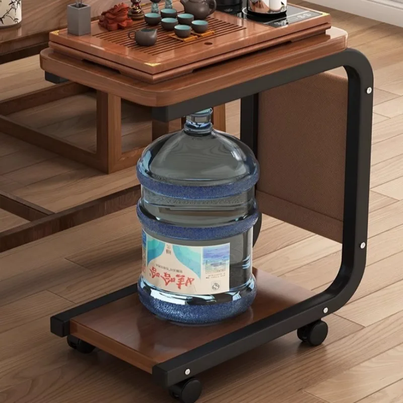 1pc Brown Rolling Side Table with Storage Bag Solid Wood Table C-Shaped Desk for Sofa and Bedside Metal Frame Feature Table