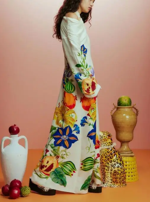 

Summer Dress Woman 2025 New Elegant and Fashionable Flower Printed Cross Neck Hanging Neck Off Shoulder Long Sleeve Loose Dress