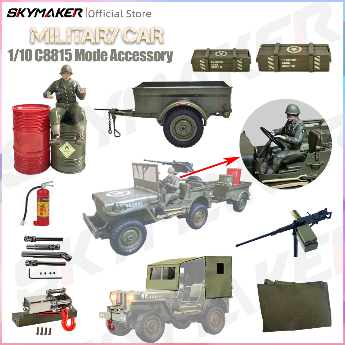 أجزاء ترقية JJRC C8815 Rc Car 1941 KIP Willis RTR شاحنة عسكرية مقطورة الجندي ونش المظلة المعدنية CVD ملحقات أصلية