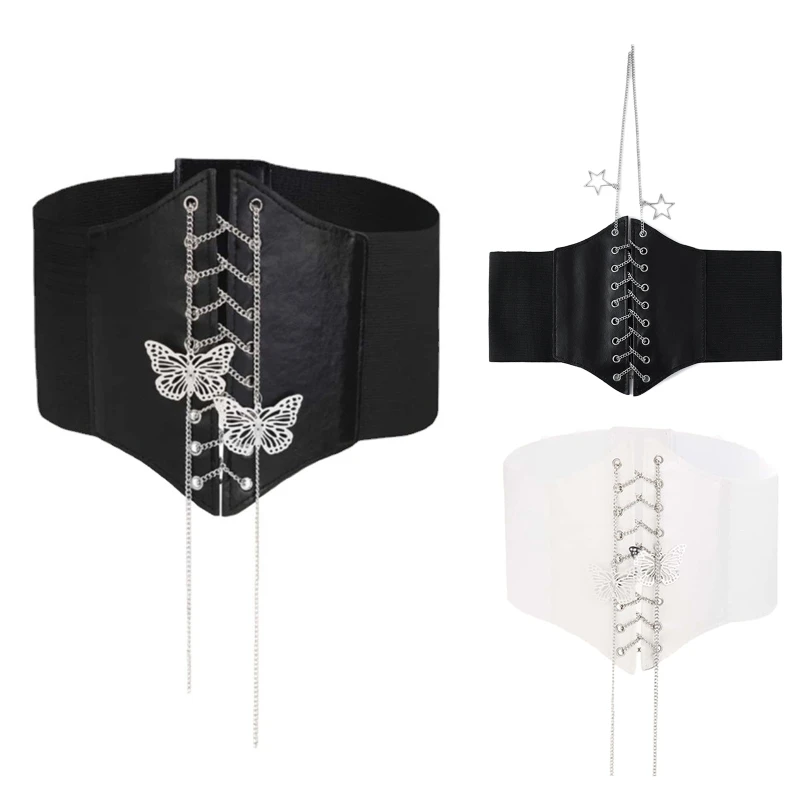 Y1UB Steampunk Underbust Elastic Corset Waist Belt for Butterfly Chain Waist Trainer