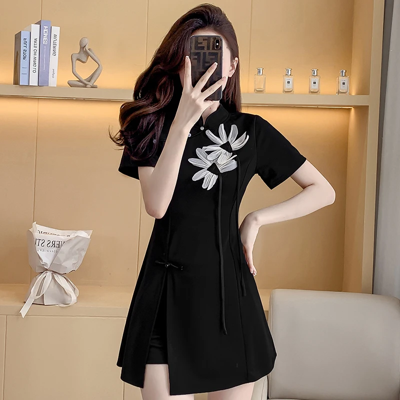 2024 Women Summer New Improved Qipao Style Chinese Retro Short Flower Dress and Shorts Two Piece Set Outfits