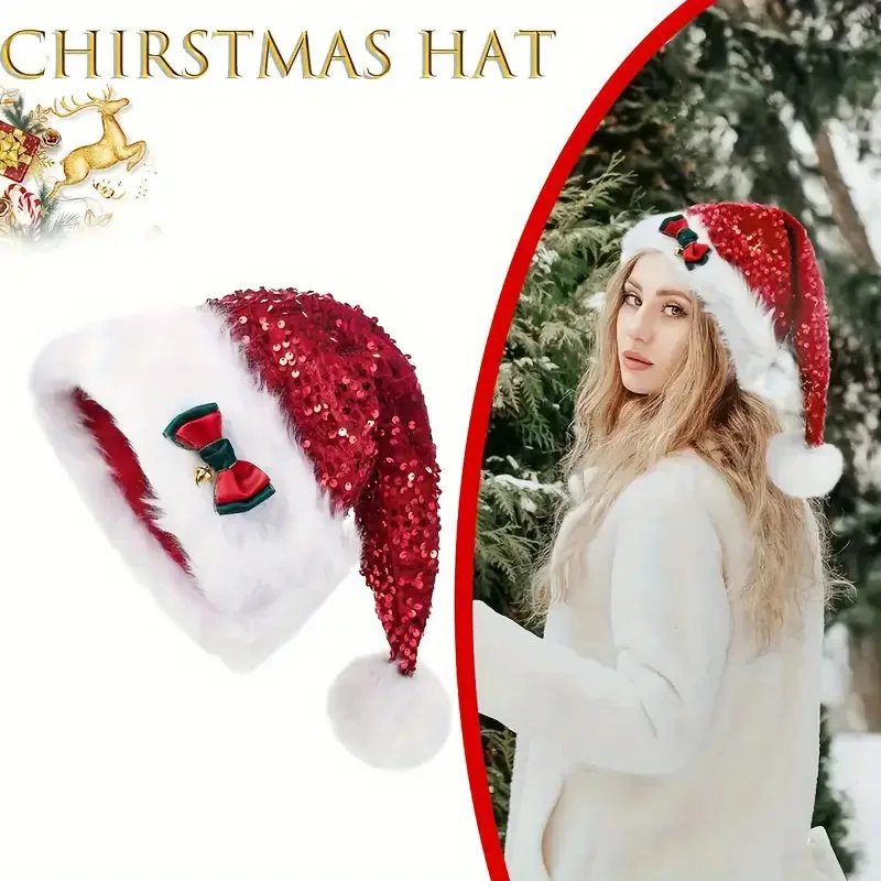 New Christmas Hat Red Glitter Bow Design Double Layer Plush Decorations Extra Large Thick Long Plush Cap