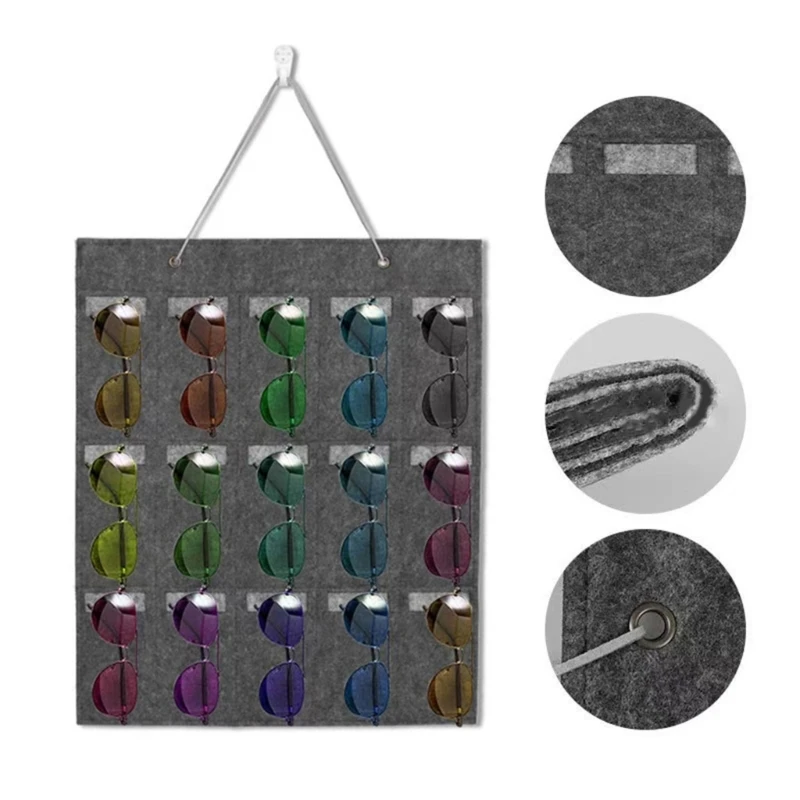 15 Slots Felt Eyeglasses Stand Holder for Sunglasses Glasses Storage Display Hanging Bag Wall Pocket with Hook