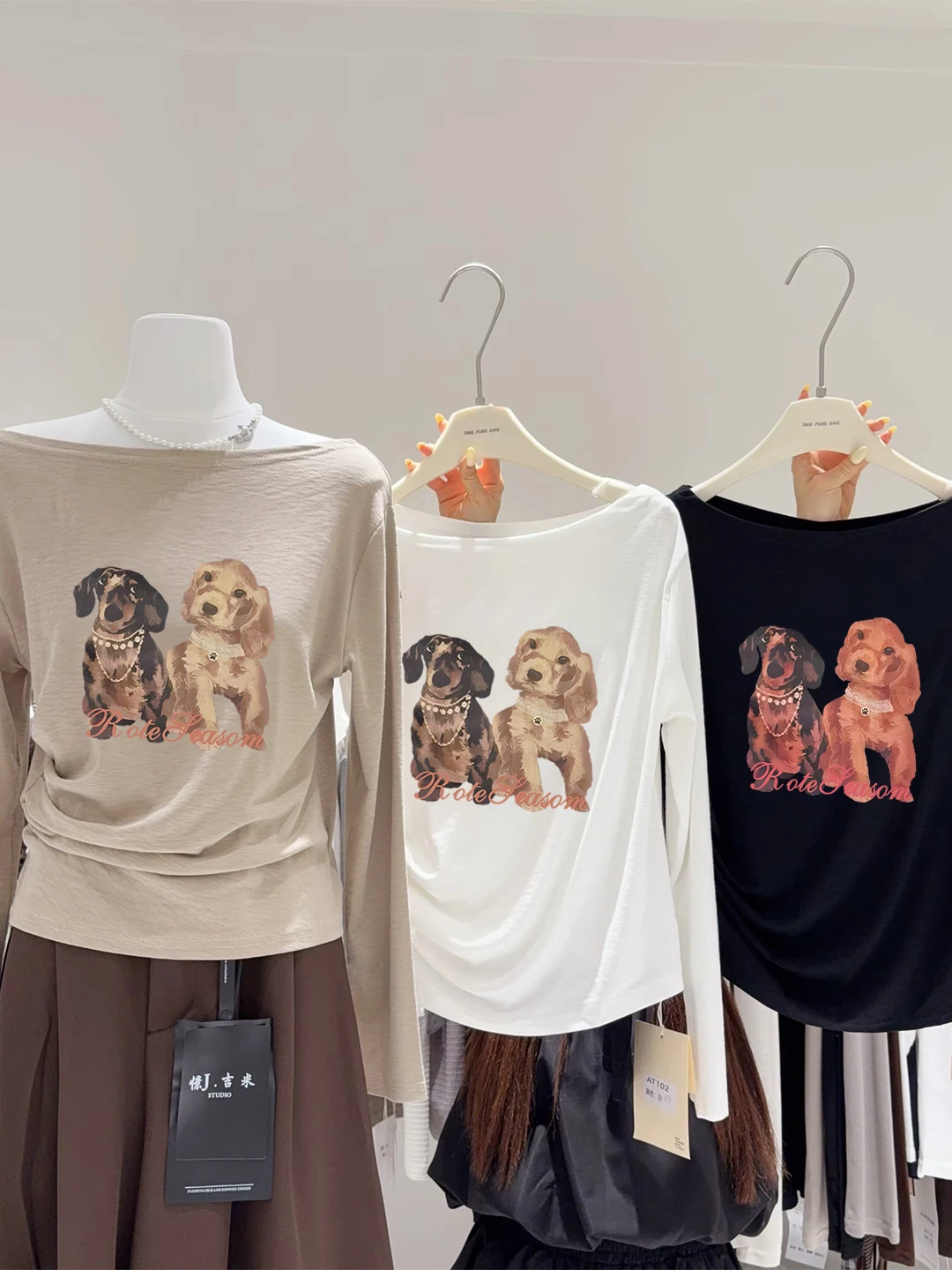 Korean Style Long Sleeve One Shoulder Big round Neck Slim Fit Women's T-shirt Print Base Top Young Looking Fashion Design