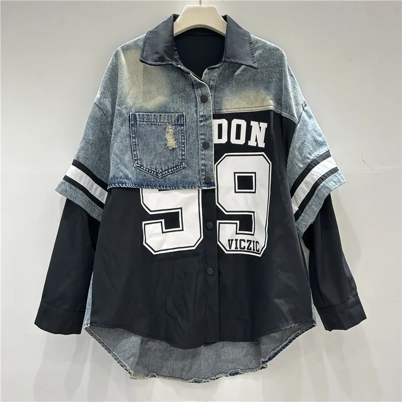 Retro Woman Denim Patchwork Shirt Jacket Numbers Letters Printed Jeans Spliced Blouse Coat Single Breasted Cowboy Cardigan Tops view 2