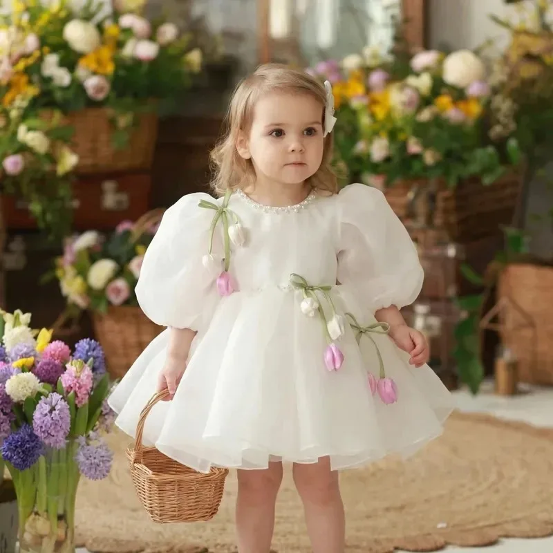 Nuevo y Encantador Vestido de Niña de las Flores para Bebé, de Tul con Mangas Abullonadas, Vestido de Princesa para Fiesta de Cumpleaños, Boda, Bautizo