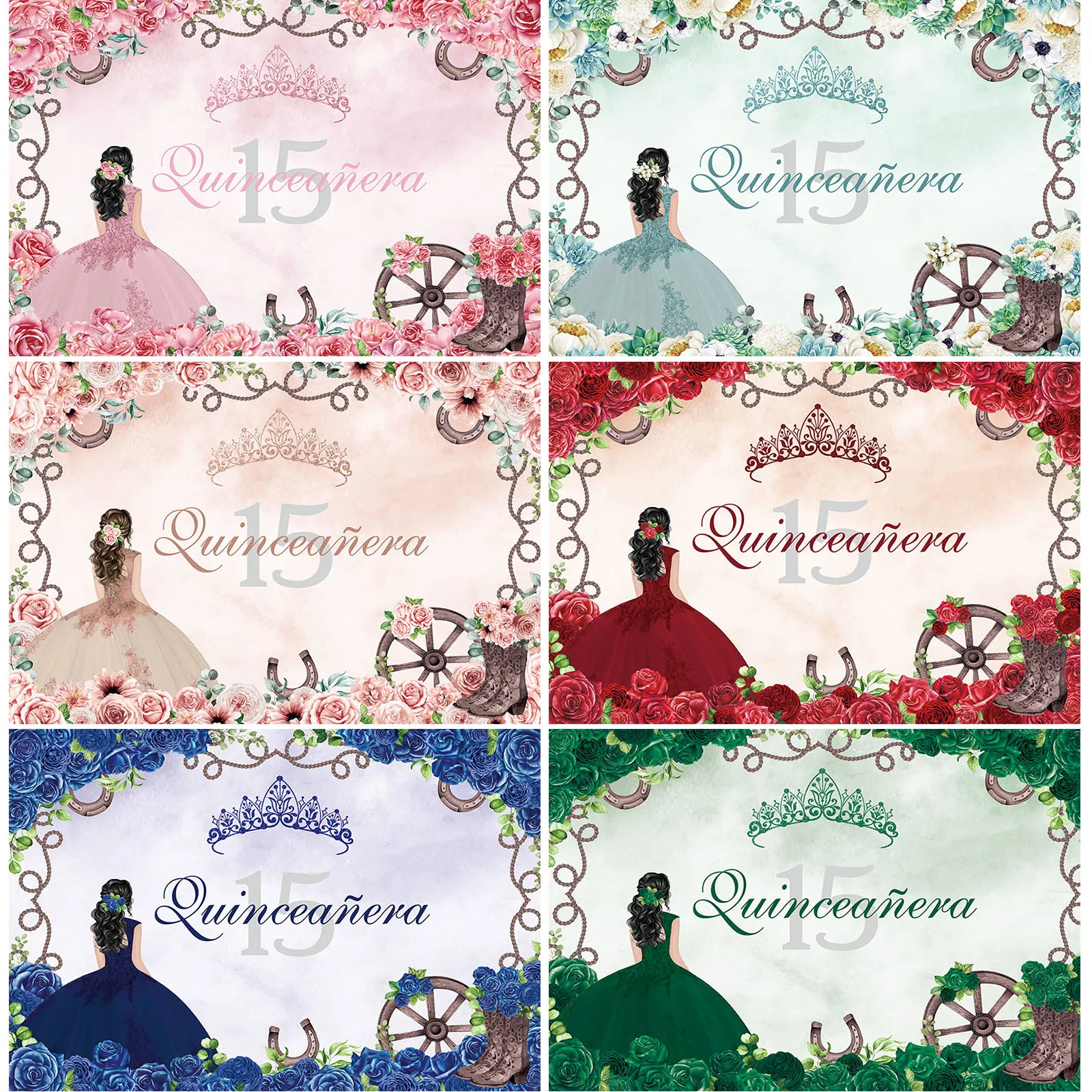 Photography Background Quinceanera 15 Year Old Birthday Party Backdrop Decor Flower Girl Princess Sliver Crown Photoshoot Poster