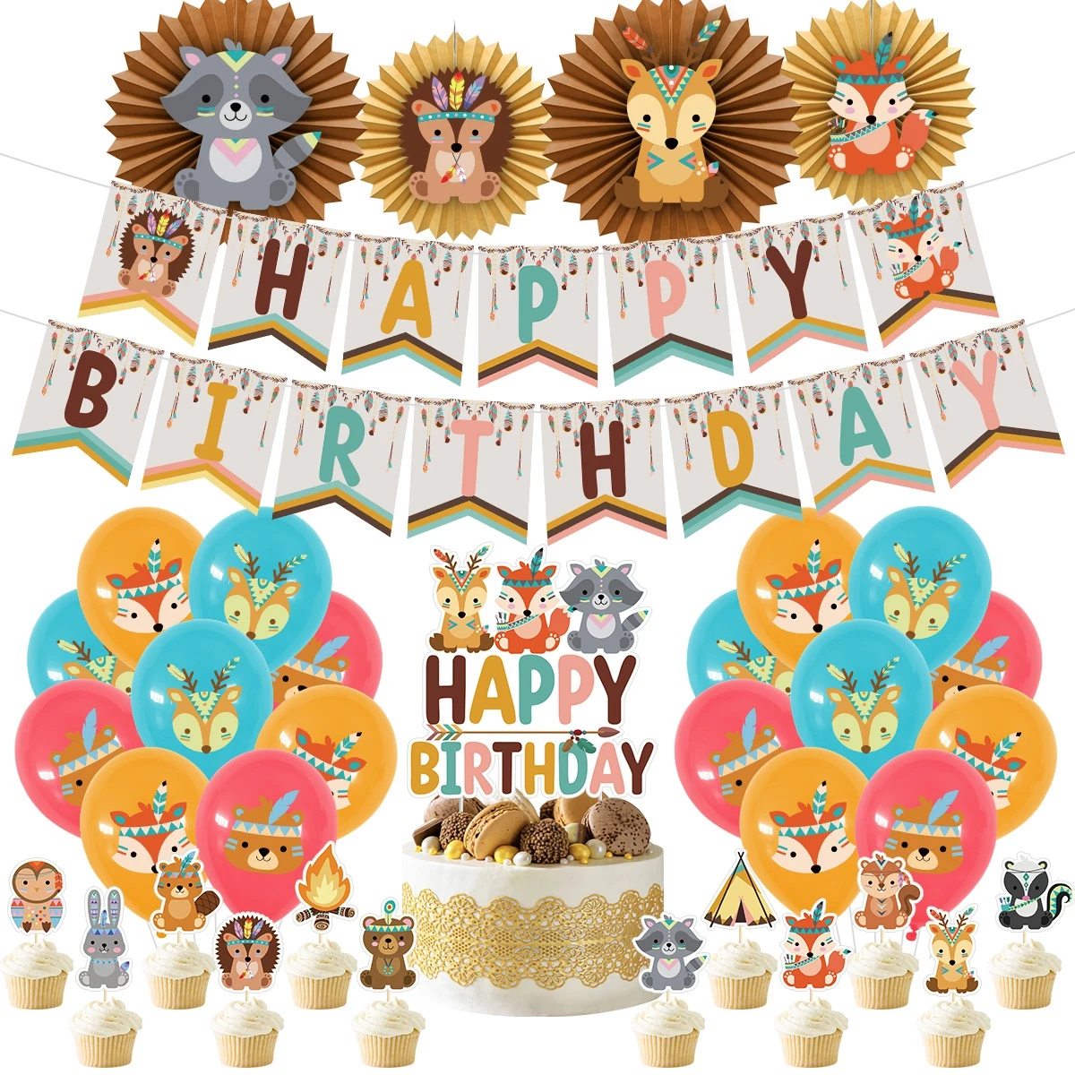 Woodland Animals Birthday Banner Fox Raccoon Latex Indian Wild Balloons for Birthday Baby Shower Gender Reveal decorazioni per feste