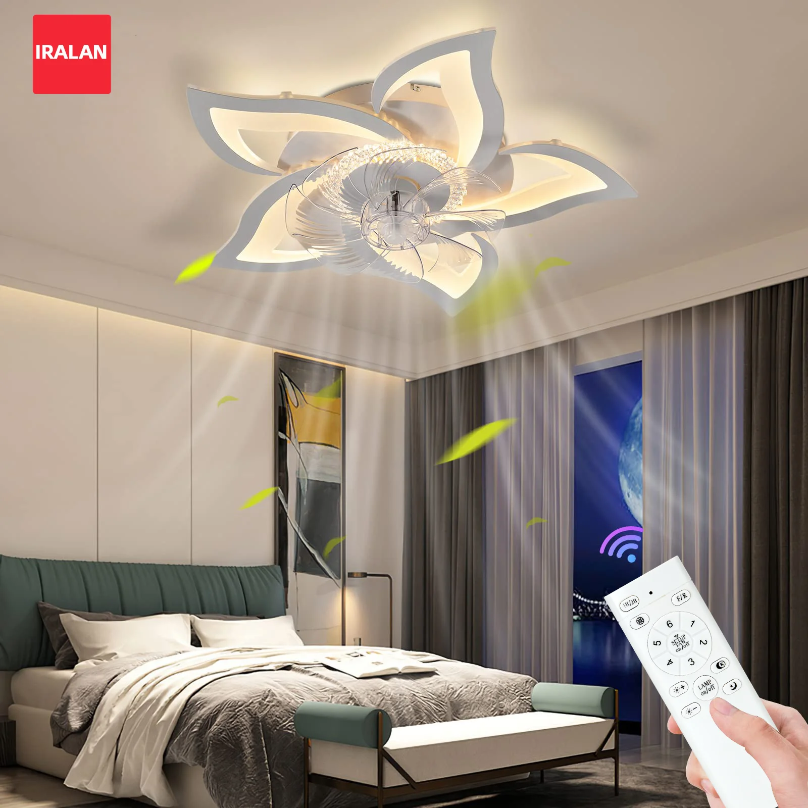 Light Luxury Lotus Flower Shape Ceiling Fan Light Energy Saving Ultra Quiet Acrylic Cover Eye-Caring Easy Install Bedroom Office