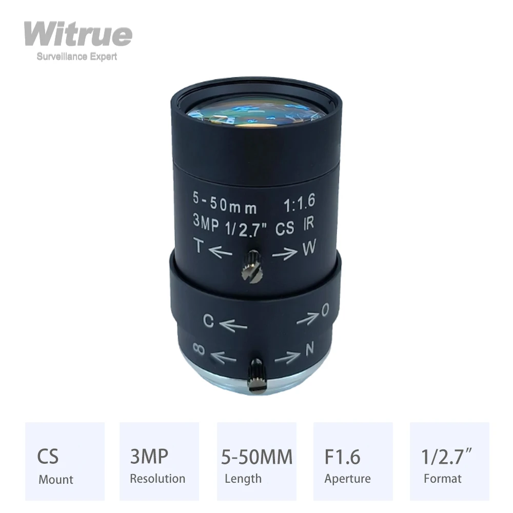 Witrue Varifocal lens HD 3 Megapixel 5-50mm Aperture F1.6  Format 1/2.7 IR correction for Surveillance IP Cameras