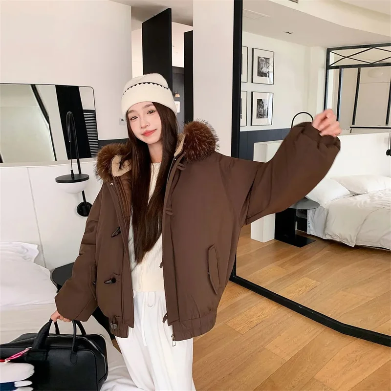 Warm Down jacket Ladies Pai Overcome Winter 2026 New Cotton Padded Coat Women Parkas Horn Hooded Outcoat Big fur collar Overcoat