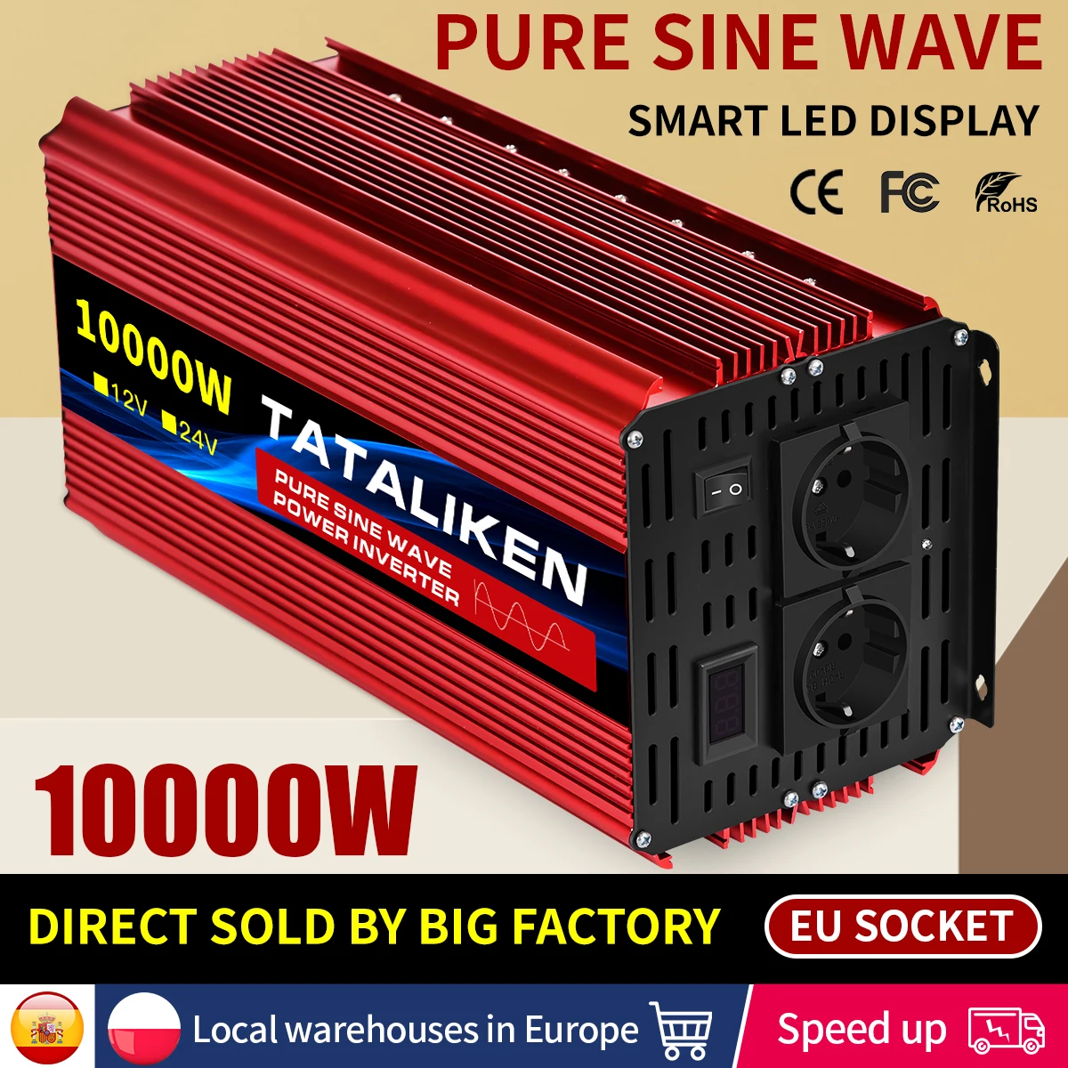 Convertisseur de courant portable pour voiture, onduleur à onde sinusoïdale pure 4500W-10000W de puissance maximale, prise EU 220V 50HZ avec affichage numérique et ventilateur à contrôle de