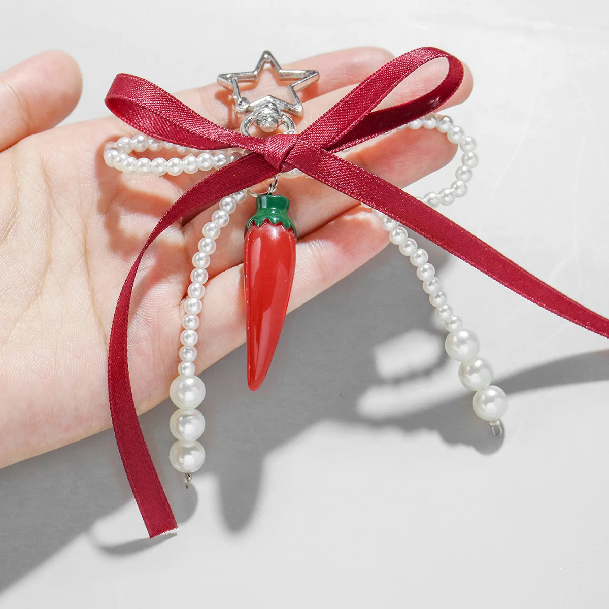Wine Red Ribbon Cherry Pendants Keychain Women Sweet White Pearl Bow Backpack Key Ring Jewelry Bags Decoration Friendship Gifts - view 5