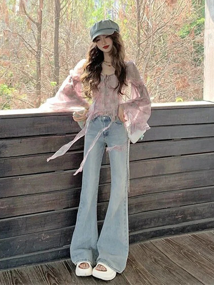 

Pink Chiffon Top And Jeans Set Spring 2026 Fashion Outfit High Waist Loose Fit Long Sleeve round Neck Floral Print Lightweight