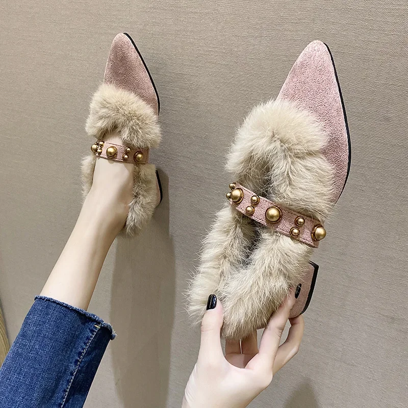 2024 Winter New Women Pointed Toe Rivet Thick Heels Loafer Retro British Style Warm Casual Slip on Chunky Footware Women Shoes