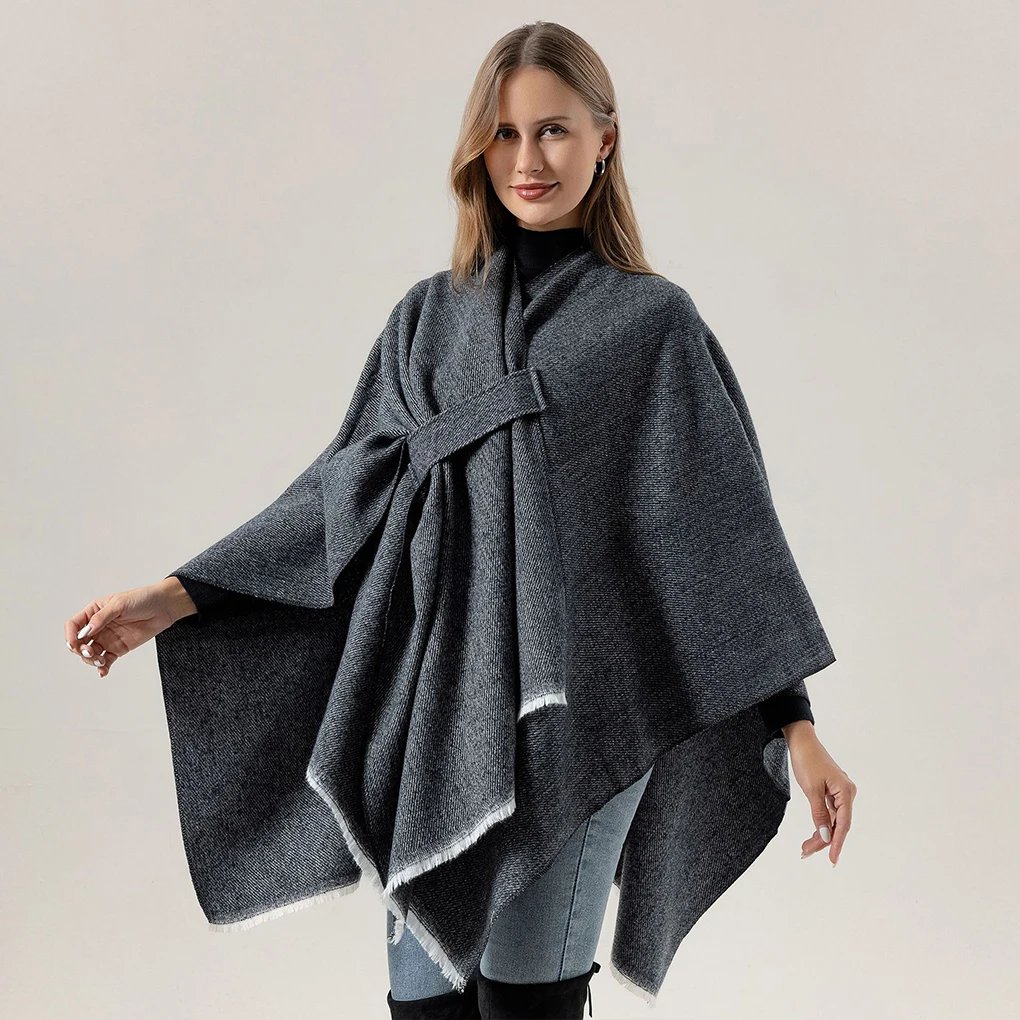 New Women’s Shawl Color Blocked Scarf Shawl Knitted Monochrome Diagonal Strap Cape Cape High-end Sense European American Simple