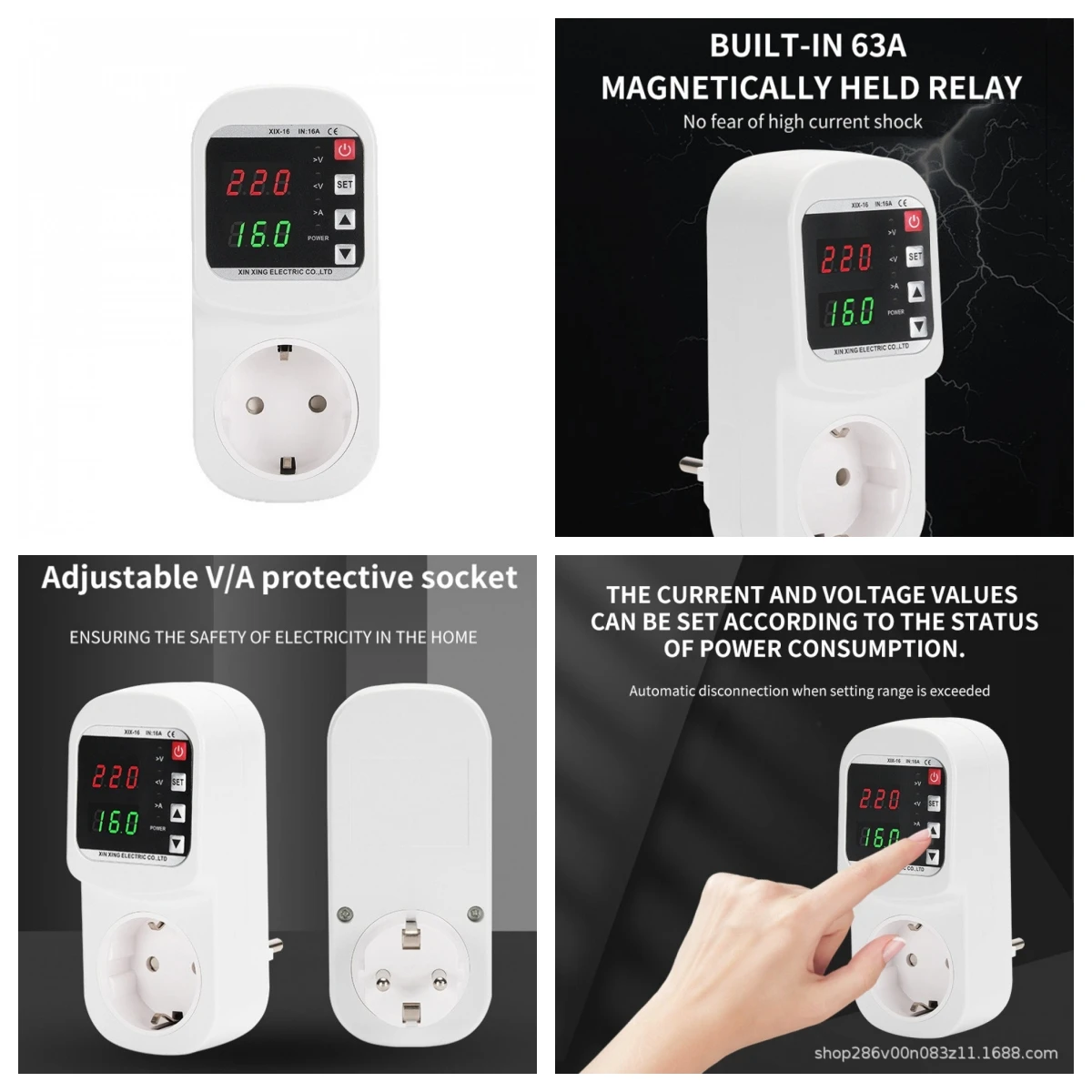 

Digital Display Self-resetting Over Voltage and Under Voltage Protector Safe Socket 220V 63A Adjustable V/A Protective Socket
