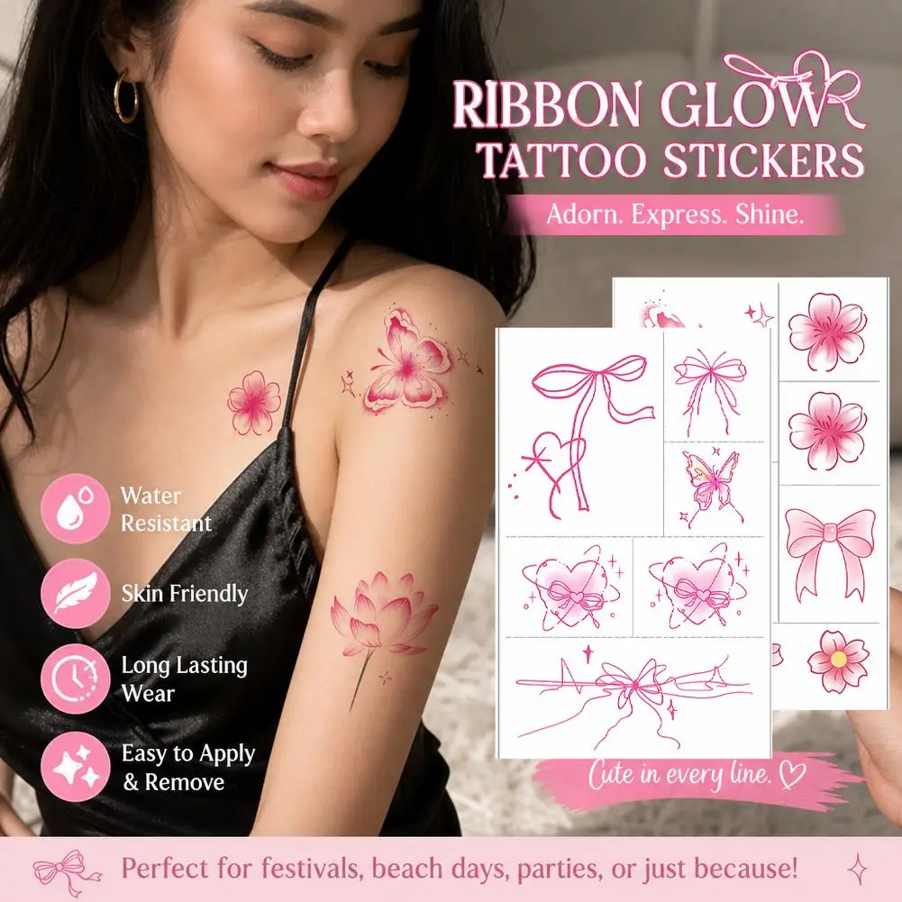 Pink Bow Temporary Tattoo Stickers for Body Arm Shoulder Hands Cute Bow Floral Tattoos Stickers Birthday Party Supplies Gifts