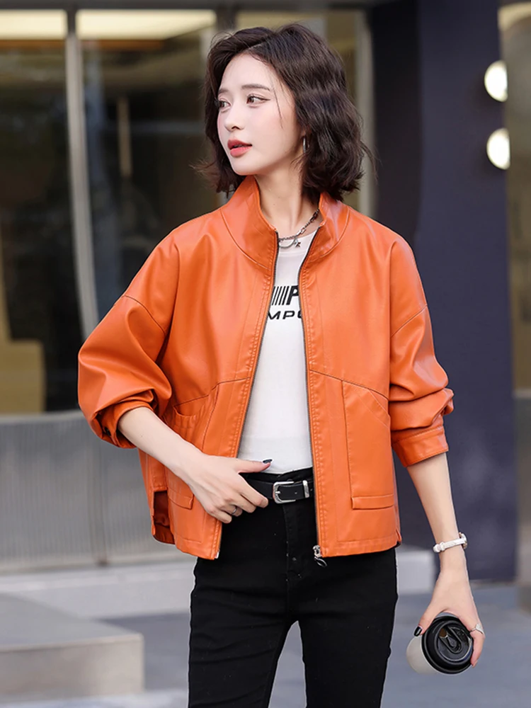 Real Leather Jaet Women's ort Loose Fit Bla eepskin Coat Korean Sle Commute Wind ket Design Long Sve Zipper