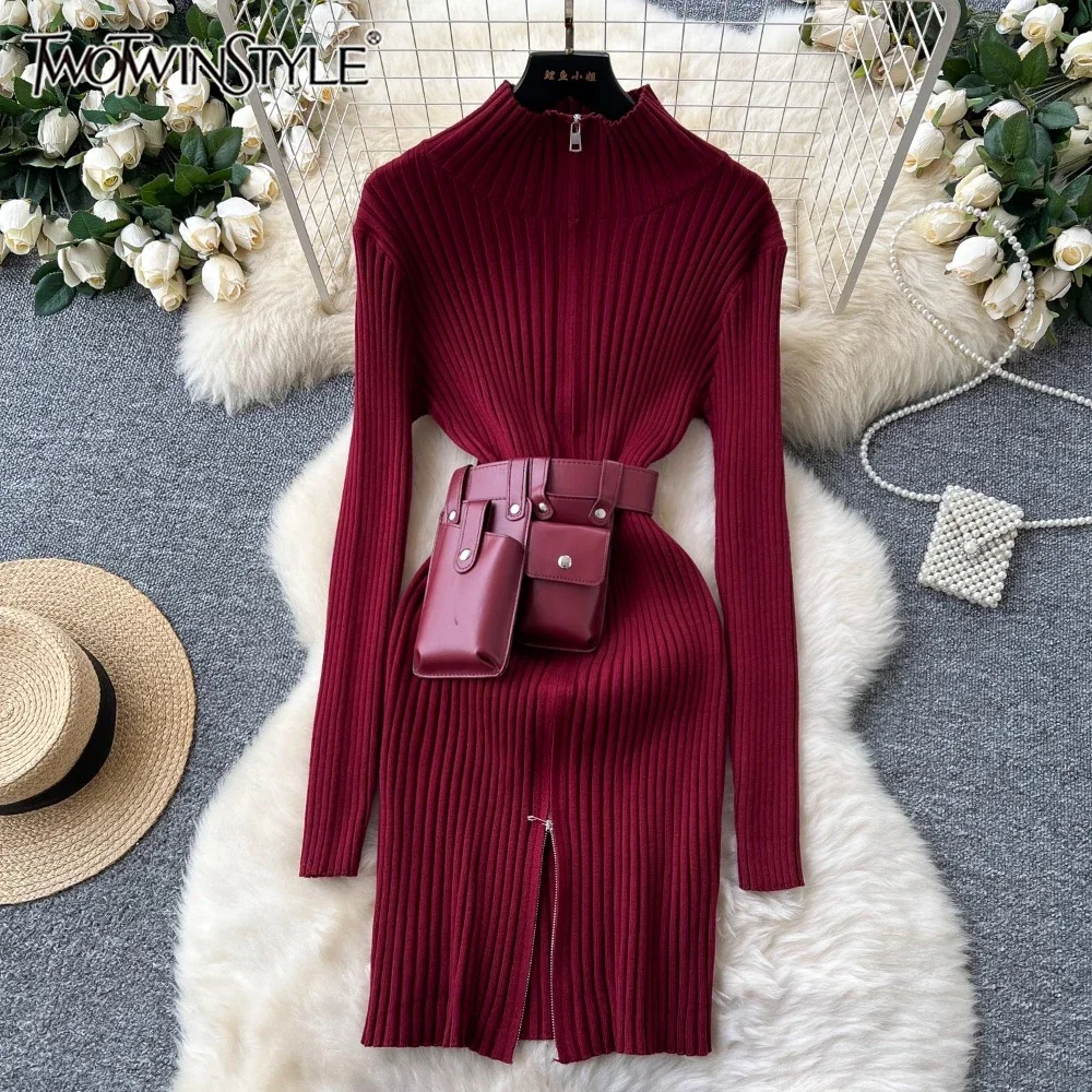 TWOTWINSTYLE Solid Patchwork Pockets Chic Dress For Women O Neck Long Sleeve Spliced Zipper Knitted Dress Female New KDE502580