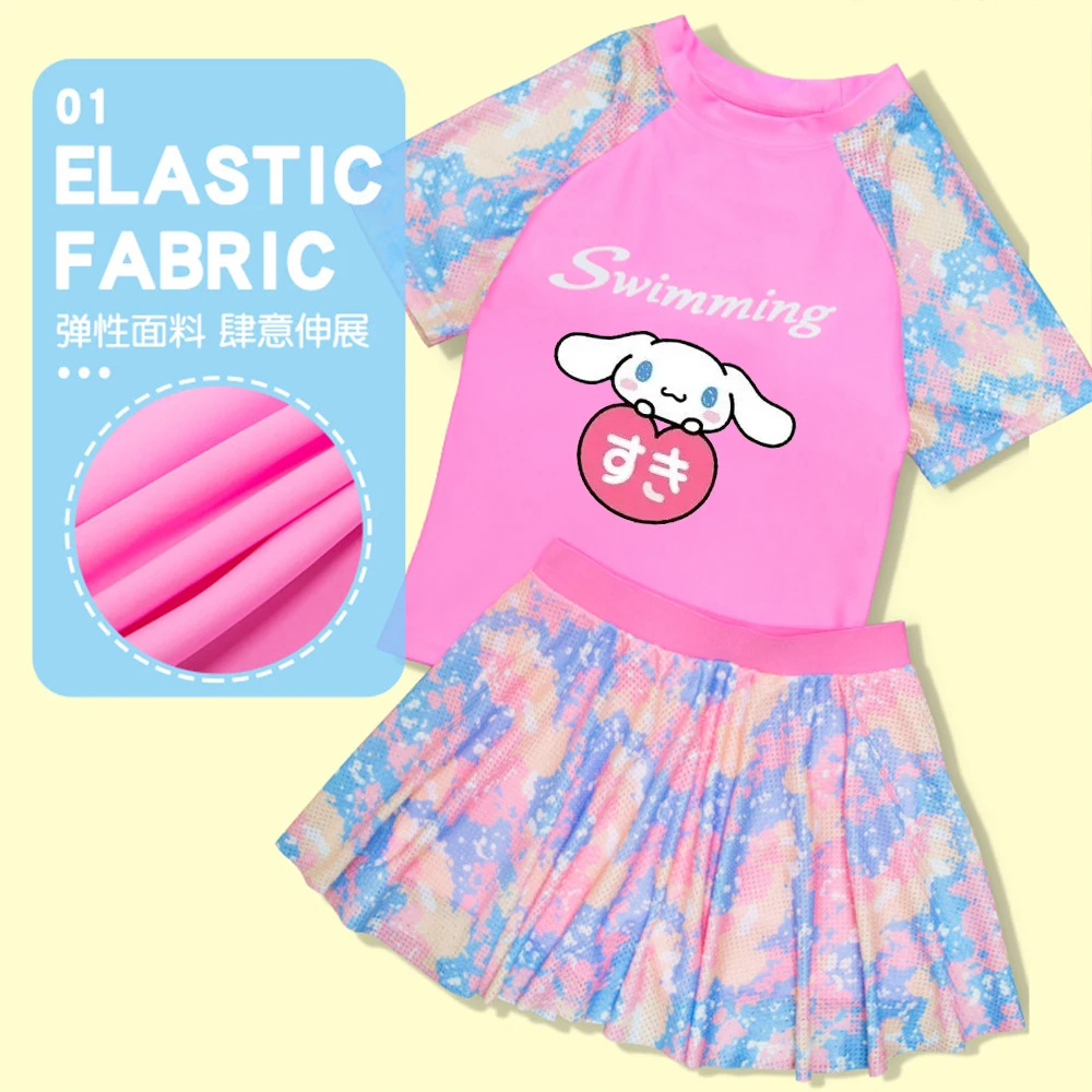 Anime Girl Swimsuit Cinnamoroll Sanrios Kawaii Beach Short Sleeve Shorts Professional Training Quick-Drying Sunscreen Swimwear