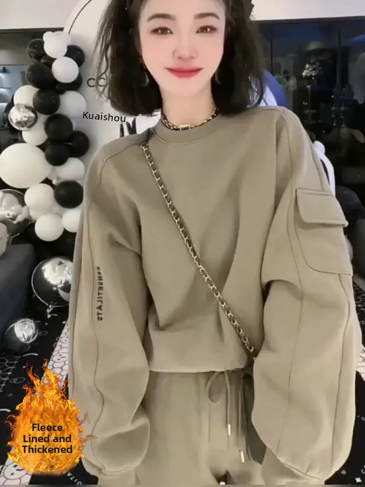 

Женский спортивный костюм из флиса: модный повседневный уличный комплект из двух предметов с толстовкой с длинным рукавом и круглым вырезом