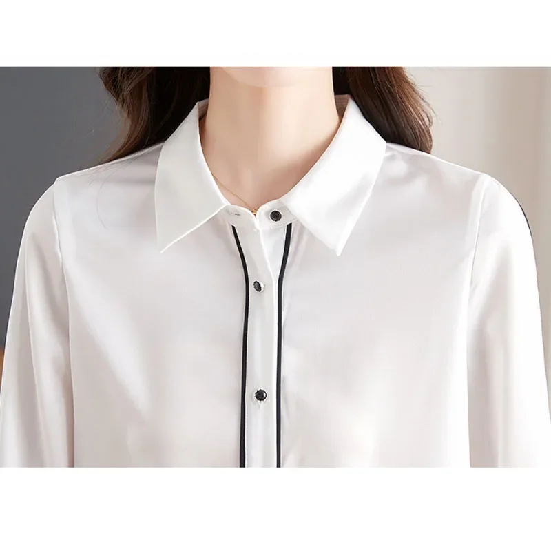 Chemise en mousseline de soie blanche pour femme, chemisier épissé, manches longues, col rabattu, dame de bureau, mode, 2024, A760