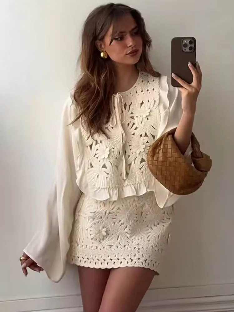 

HH женский летний модный костюм с юбкой, элегантная полая рубашка с длинными рукавами на шнуровке + мини-юбка трапециевидной формы с высокой талией Mujer