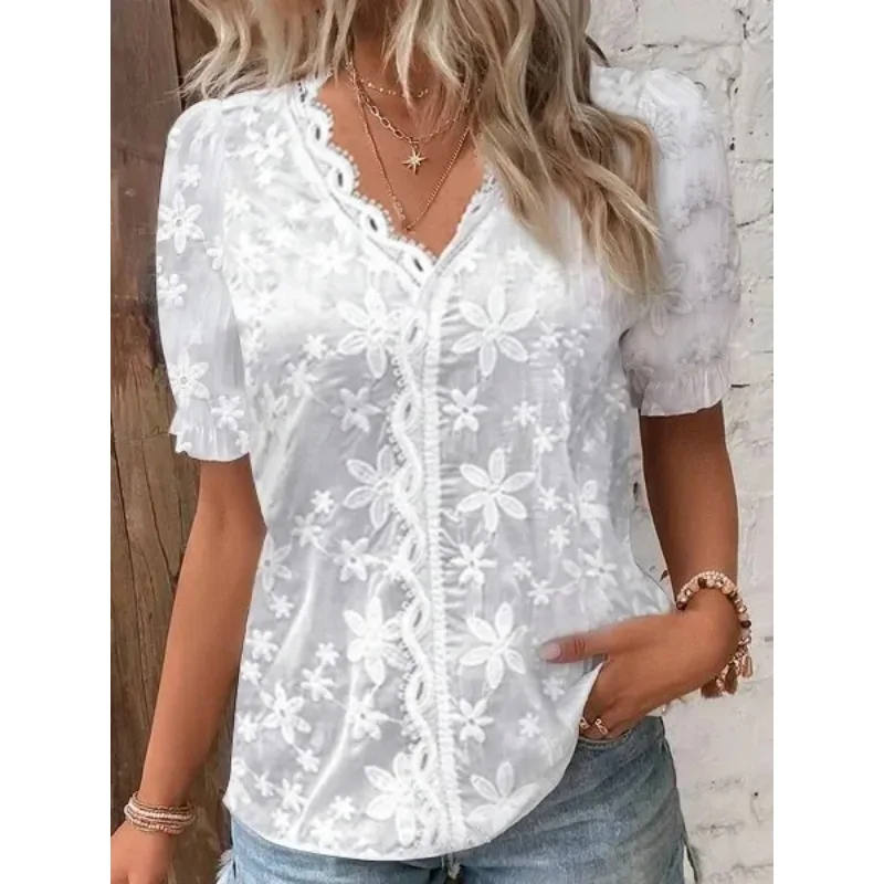 Summer casual V-neck lace patchwork shirt shirt for women\'s clothing blouse women  blusas de mujer