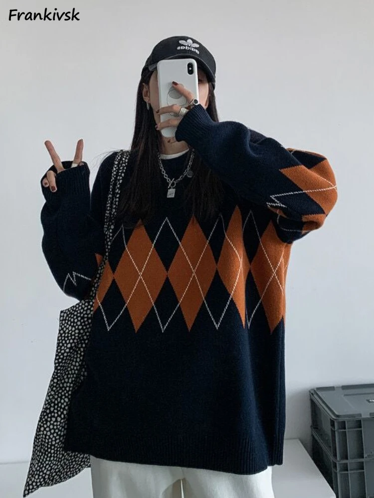 

Argyle Sweaters Women Autumn New Baggy Japanese Style Vintage Temperament Long Sleeve Youthful Popular Knitwear College Hipster