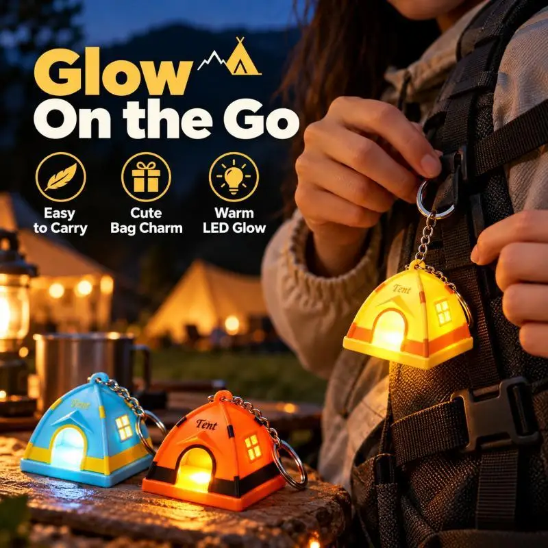 Mini Tent LED Light Keychain, Battery Included, Cute Camping Bag Charm, Portable Glowing Backpack Pendant, Fun Gift