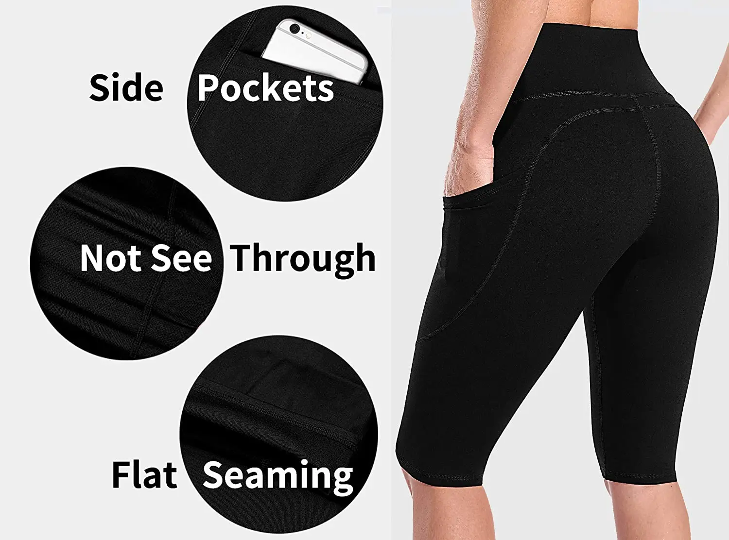 Attraco Women Yoga Shorts Jogging Running Cycling Fitness Solid Elastic High-Waist Fifth-Pants with Pockets Sporty Shorts