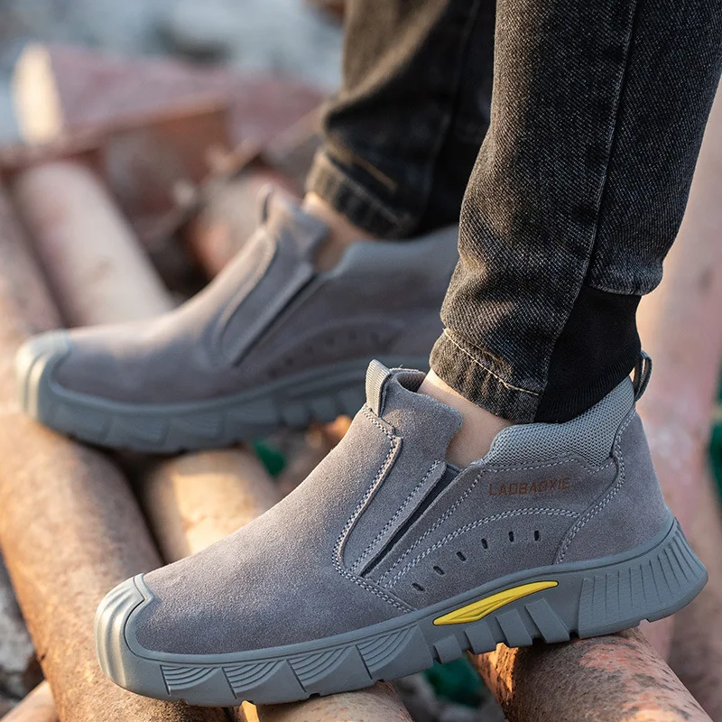 

Мужские повседневные рабочие защитные ботинки со стальным носком, сварочная обувь из коровьей замши, без шнуровки на платформе, защитная обувь для рабочих
