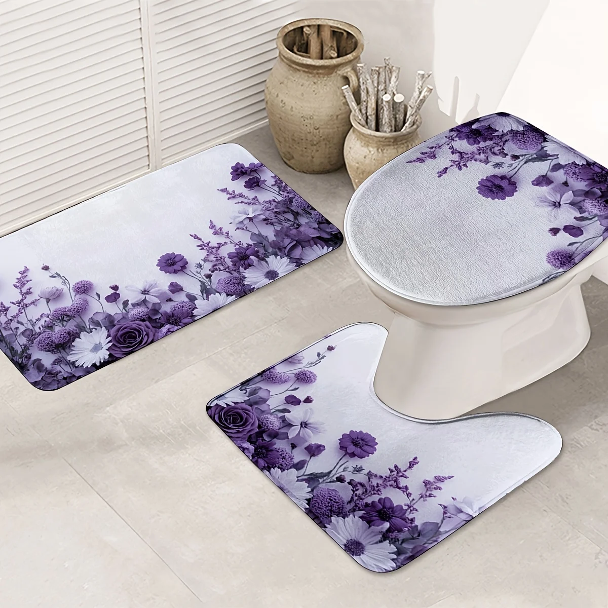 

Набор из 3 предметов с принтом фиолетовых роз, U-образный коврик, нескользящий коврик, коврик для сиденья унитаза, подходит для украшения ванной комнаты.