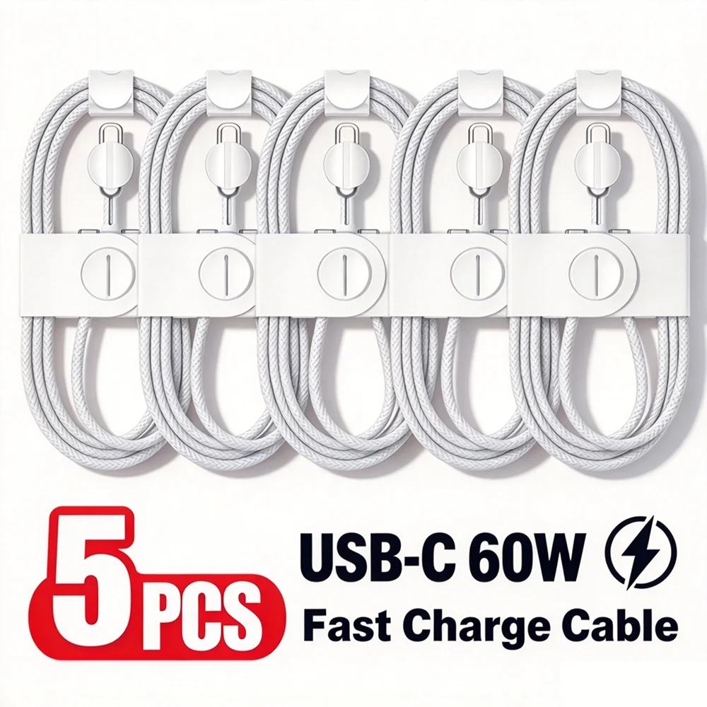 5PCS 60W Braided USB-C to USB-C Fast Charge Cable For iPhone Duo 18 17 16 15 Pro Max Samsung Xiaomi Rapid Charging Type C Cables